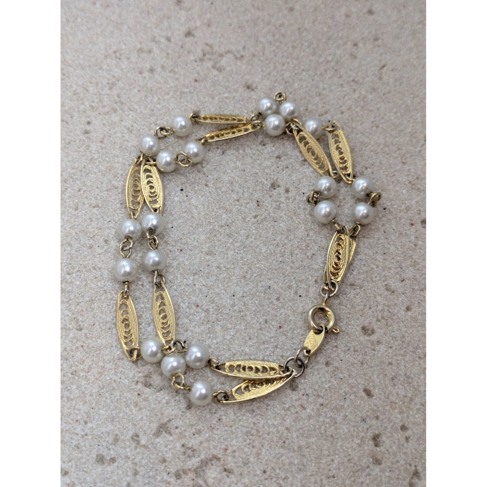 Vintage Trifari Bracelet Gold Tone Filigree Faux Pearl Multi Strand Signed